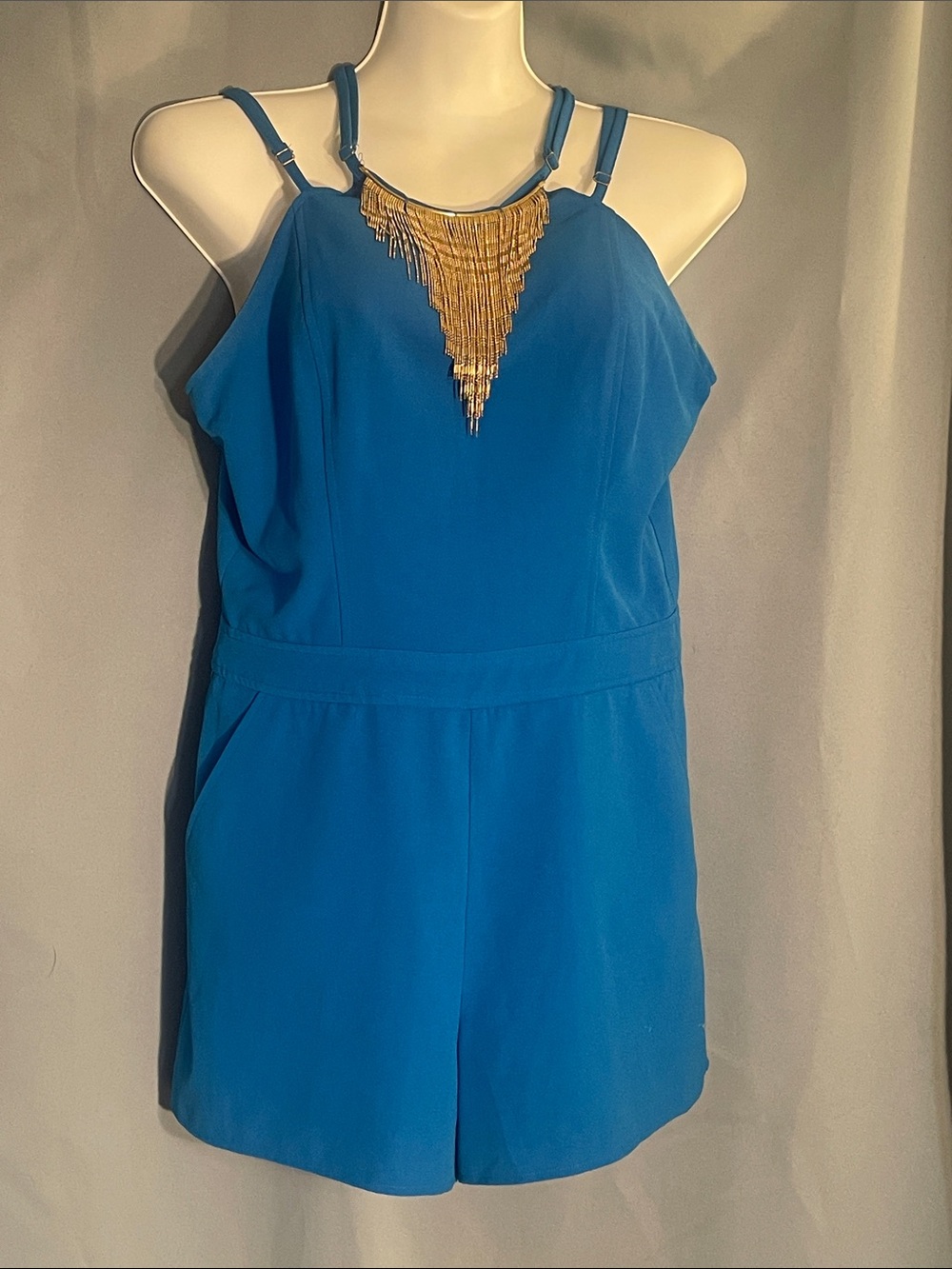 bebe Blue Sleeveless Jumpsuit with Gold Fringe